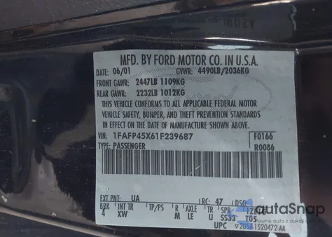 2001 Ford Mustang Gt из США, поврежденный, VIN 1FAFP45X61F239687
